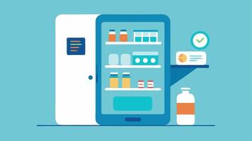 Smart Fridge A futuristic refrigerator with a digital interface showing the contents related to supplements and medications along with reminders for replenishing supplies.. vector