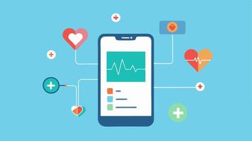 RealTime Data Syncing A smartphone with a health app od showing graphs and metrics pulling realtime data from various connected wearable devices.. vector