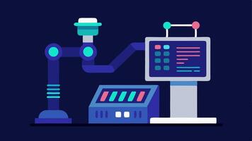 Sequencing Machine A futuristic genetic sequencer device with an illuminated screen showing DNA sequences and a robotic arm for sample handling.. vector