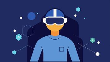 Virtual Reality Setup A person wearing a VR headset engaging in a biohacking training simulation that visualizes cellular activity.. vector
