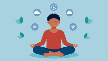 Relaxation Pose The individual is in a seated position eyes closed with a serene smile surrounded by floating icons representing peace warmth and health.. vector