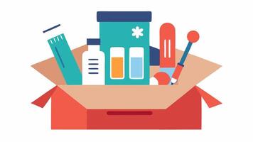 Testing Equipment An illustration of an open box containing different home testing items like collection swabs vials and instruction manuals.. vector