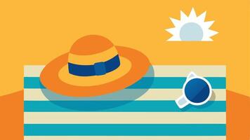 Sun Protection A sun hat sunglasses and sunblock p on a beach towel illustrating the importance of sun protection in preventing premature aging.. vector