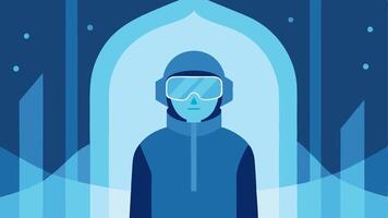 User Inside Chamber An illustration showing a relaxed individual standing inside the chamber wearing protective ear and eye gear surrounded by frosty mist and icy blue lighting.. vector
