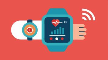 Smart Health Device A wearable device on a wrist showing a glowing display of health indicators while an AI interface scans and interprets the data.. vector