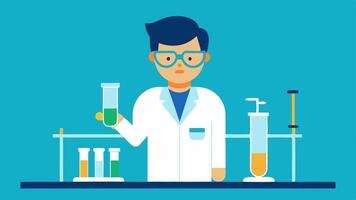 Scientist at Work A scientist in a lab coat and safety goggles managing samples at a workstation with pipettes and test tubes arranged neatly.. vector