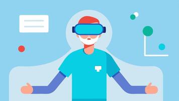 Virtual Reality Environment A patient wearing VR goggles immersed in a virtual environment that prompts them to complete rehabilitation exercises in a fun way.. vector