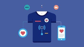 Smart Clothing A tshirt embedded with sensors illustrating how it tracks body temperature and heart rate connected wirelessly to a smartphone app.. vector