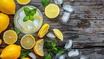 Fresh summer lemonade with lemons, ice and mint on a wooden table. Copy space, top down view, background, wallpaper, backdrop, refreshing drink photo