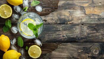 Fresh summer lemonade with lemons, ice and mint on a wooden table. Copy space, top down view, background, wallpaper, backdrop, refreshing drink photo