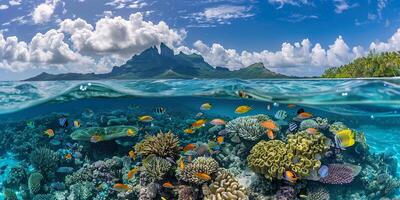 Bora Bora island underwater scuba diving view. Mt. Otemanu, colorful coral reef, exotic fish, flora and fauna, travel, adventure photo