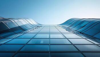 Modern skyscraper office business architecture, blue windows background with copy space. Startup, high rise building wallpaper backdrop photo