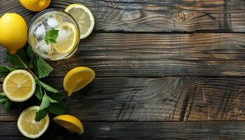 Fresh summer lemonade with lemons, ice and mint on a wooden table. Copy space, top down view, background, wallpaper, backdrop, refreshing drink photo