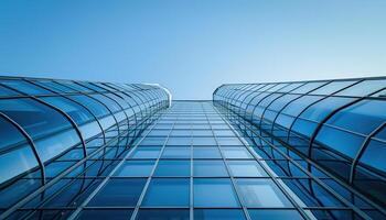 Modern skyscraper office business architecture, blue windows background with copy space. Startup, high rise building wallpaper backdrop photo