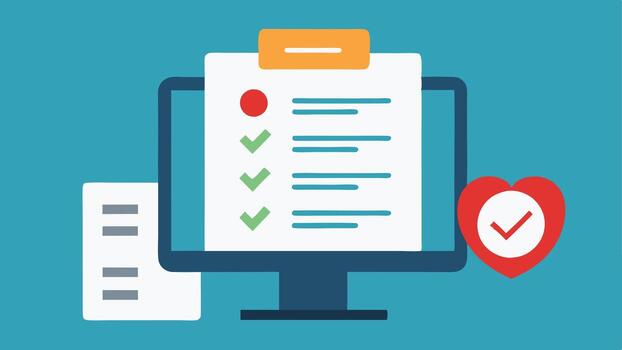 virtual evaluación un gráfico demostración un virtual evaluación formar en un computadora con casillas de verificación cubierta varios salud parámetros me gusta bmi y estrés niveles.. vector
