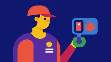Thermal Imaging Camera An operator holding a handheld thermal imaging camera showing a heat map of a person in the background highlighting areas of warmth.. vector