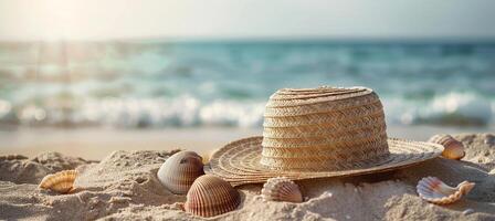 Summer straw hat, sea shells on beach sand. Vacation, leisure, Sunbathing and relaxing concept photo