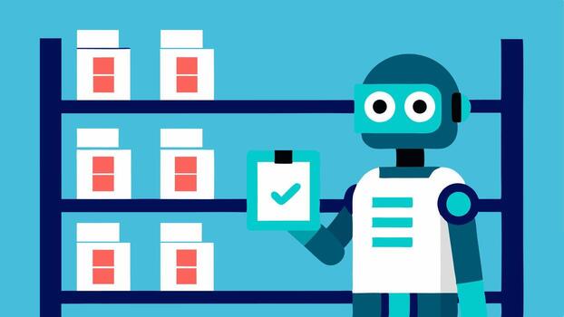 Robotic Inventory Management A robot scanning inventory shelves in a medical supply room with a digital checklist updating in realtime on a screen attached to its side.. vector