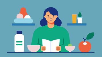 Vitality Through Nutrition A table set with healthy foods and supplements with a person reading an HRT pamphlet showcasing the connection between diet and hormone health.. vector