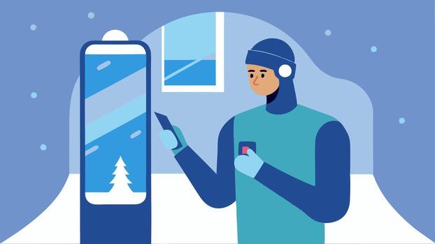 Thermal Tracking A graphic of a biohacker checking their body temperature with a digital device displaying a reading while standing in front of an icecovered window.. vector