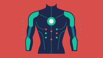 Smart Compression Shirt A dynamic view of a compression shirt that illustrates a grid of sensors across the torso area showing data points and graphs that represent muscle activity. vector