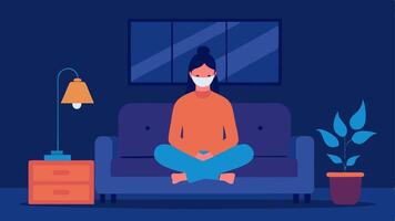 SelfCare Evening A cozy living room setting where a woman wears an infrared face mask while lounging on a sofa with candles and soft lighting around her.. vector