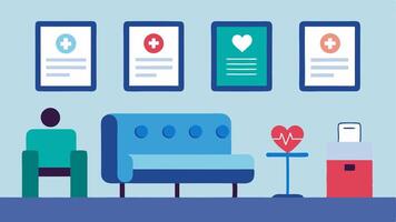 Waiting Area An inviting waiting area setup with comfortable seating informational posters about preventative health and a digital screen displaying health tips.. vector