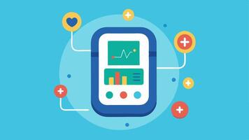 Smart Diagnosis Device A handheld diagnostic device with a vibrant touchscreen showing various health metrics and test results illustrating pointofcare diagnostics technology.. vector
