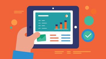User Interface A hand holding the device while displaying a digital screen panel with test results graphs and alerts.. vector