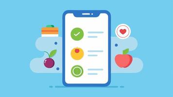 Smartphone App Interface A smartphone screen displaying a diet app with a personalized meal plan based on genetic factors featuring dietary icons.. vector