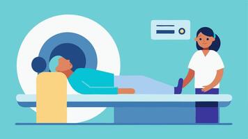 PostScan Recovery A patient lying on the MRI bed after the scan with a staff member discussing results and next steps in the diagnostic process.. vector