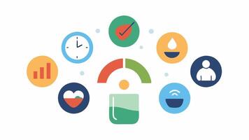 Wellness Metrics Icons depicting nutrition hydration sleep and mental health being tracked with colorful dials showing how each influences the overall health score.. vector