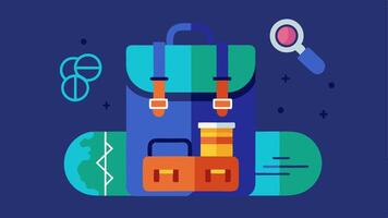 Travel Friendly An illustration of a backpack with a DNA sequencer peeking out surrounded by travel gear like a map and binoculars emphasizing portability.. vector