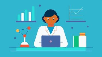 Scientist at Desk An illustration of a scientist in a lab coat sitting at a desk surrounded by papers and a computer looking intently at a graph depicting epigenetic markers.. vector
