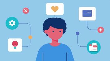 Symptom Checker An illustration of a user interacting with a digital symptom checker guided by AI with visual flowcharts connecting symptoms to potential preventative care. vector