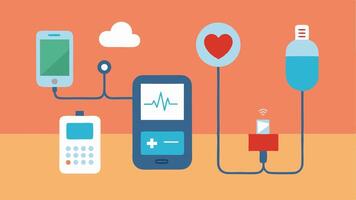 Remote Health Setup An assembly of various remote health tools including a thermometer pressure monitor and glucose meter all connected and displaying data.. vector