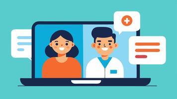 Virtual Consultation A splitscreen illustration showing a doctor on a laptop call with a patient both smiling with health metrics displayed on the screen.. vector