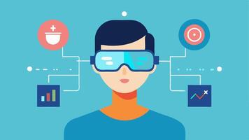 User Looking Through Glasses A user wearing AR glasses with a health metrics overlay visible to them illustrating how the metrics are integrated into their field of vision.. vector