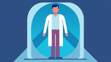 User Experience An illustration of a relaxed patient standing in the scanner with a soothing atmosphere enhanced by calming colors and ambient lighting.. vector