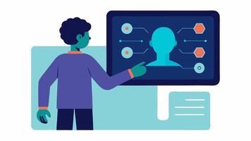 User Interaction A user with a touchscreen device engaging with displayed imaging scan results indicating intuitive AI interaction.. vector