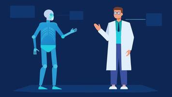 Virtual Reality Consultation A doctor in a lab coat discusses a holographic fullbody representation of the patients anatomy highlighting areas of concern.. vector