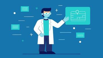 Treatment Plan Visualization A physician gestures toward a holographic display that outlines a personalized treatment plan while the patient takes notes.. vector