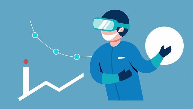 PostTraining Reflection A surgeon removing their VR headset looking contemplative and reflecting on their experience with a visual graph indicating their progress and skills. vector