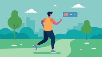 Scenic Outdoor Environment A person jogging in a simulated park while being guided by a virtual coach who points towards a digital path overlay with workout instructions.. vector