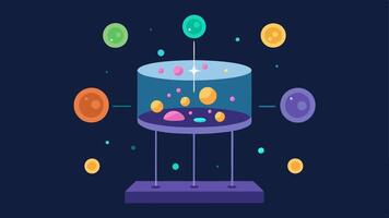 Tissue Regeneration Process An overview of a bioreactor displaying cells multiplying in a nutrientrich solution. Colorful bubbles and glowing particles indicate active cellular. vector