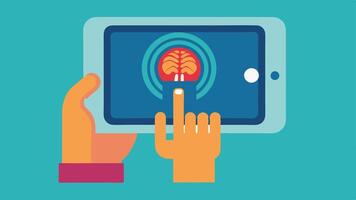 User Interaction An illustration of a hand interacting with a tablet tapping on specific body parts in the MRI image to get detailed information and symptoms.. vector