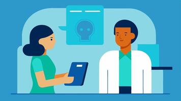 Technology Integration An image of a mobile tablet displaying MRI scans with a doctor discussing results with a patient in a consultation room.. vector