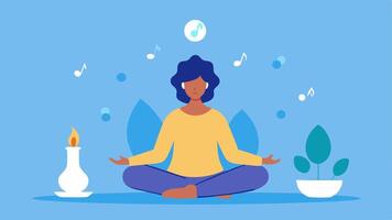 Relaxation Techniques An image of a serene individual meditating in a tranquil setting with elements like floating candles and soft music notes to depict stress relief.. vector