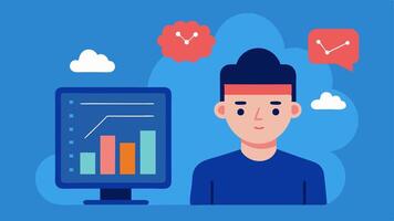 Wearable Trend Chart A image of a person viewing a trend chart on a digital device showing changes in their brain activity over days or weeks along with corresponding mood. vector