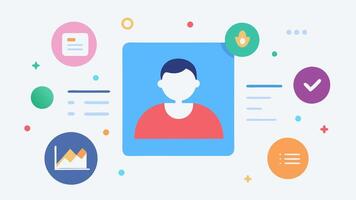 User Profile View A minimalist profile card displaying a users photo name and health statistics like weight and age surrounded by vibrant icons representing fitness diet and sleep. vector